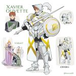  1girl 2boys armor artist_name breastplate brown_hair character_name commentary_request cosplay crown english_text full_armor gauntlets green_eyes gundam gundam_gquuuuuux gyan_(gquuuuuux) gyan_(gquuuuuux)_(cosplay) helm helmet highres holding holding_polearm holding_sword holding_weapon horocca knight knighting kycilia_zabi lance m&#039;quve mole mole_under_mouth multiple_boys multiple_views plate_armor plume polearm shield simple_background sword translation_request twitter_username weapon white_background xavier_olivette 