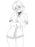  1girl bangs blush breasts closed_mouth commentary_request cowboy_shot ear_blush greyscale highres looking_at_viewer medium_breasts mizuhashi_parsee monochrome no_pants nose_blush ootsuki_wataru pointy_ears shirt short_hair short_sleeves simple_background solo spot_color touhou wavy_mouth 