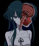  1girl bisected black_background blue_eyes blue_hair brain bruise bruised_eye closed_mouth collarbone guro hair_between_eyes highres injury long_hair looking_at_viewer portrait riyaaaaa1444 saya_(saya_no_uta) saya_no_uta simple_background smile solo tongue upper_body 