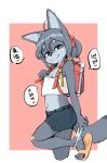  anthro backpack band-aid bandage blue_eyes canid canine circle_eyebrows clothed clothing dipstick_tail eyebrows female fox fur grey_body grey_fur grey_hair hair hair_tied hi_res korean_text mammal markings nipples partially_clothed solo tail_markings text tomato27204917 underwear underwear_down 