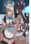  2girls absurdres animal_ears ass asuna_(blue_archive) bangs bare_shoulders black_hair black_skirt black_thighhighs blue_archive blue_bow blue_bowtie blue_eyes blue_panties blush bow bowtie breasts dark-skinned_female dark_skin detached_collar gaitoou garter_straps grin hair_over_one_eye halo highres karin_(blue_archive) kemonomimi_mode large_breasts maid_headdress mole mole_on_breast multiple_girls one_eye_covered panties parted_lips short_sleeves skirt smile tail tail_through_clothes teeth thighhighs thighs underboob underwear white_skirt yellow_eyes 