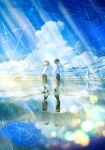  1boy 1girl absurdres black_hair blue_sky city cloud cloudy_sky commentary_request cumulonimbus_cloud day from_side highres lens_flare light_rays o-bana original outdoors pleated_skirt rain reflection ripples scenery school_uniform shirt skirt sky standing summer sun sunbeam sunlight water white_shirt 