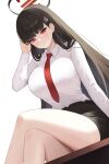  1girl absurdres bare_legs black_hair black_skirt blue_archive breasts commentary_request crossed_legs hair_ornament hairclip halo highres large_breasts legs long_hair naze236 necktie pencil_skirt red_eyes red_necktie ringed_eyes rio_(blue_archive) school_uniform sitting skirt solo 