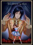  1boy 1girl black_hair blue_hair bound breasts brown_hair doll_joints dress english_text flower gloves hairband high_heels highres joints kamoen long_hair looking_at_viewer moonlight_lovers puppet puppet_strings raphael_(moonlight_lovers) red_flower red_rose rose short_hair smile solo string string_of_fate white_gloves 