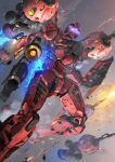  absurdres beam_rifle bilingual_commentary bit_(gundam) commentary debris embers energy_gun english_commentary exhaust firing flying from_below glowing glowing_eyes gun gundam gundam_gquuuuuux highres holding holding_gun holding_weapon mecha mecha_focus mixed-language_commentary mobile_suit no_humans purple_eyes red_gundam robot science_fiction shield signature solo taka-f thrusters v-fin weapon zeon 