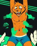  abs absurd_res anthro bodily_fluids canid canine claws clothing crying_laughing deaathtraap floating_hands fox foxtrot_(deaathtraap) fur hi_res hologram laugh male mammal muscular muscular_male orange_body orange_fur solo superhero supervillain tears tickling tickling_armpits tickling_belly tickling_ribs underwear 