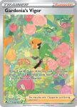  1girl :d artist_name basket bellossom black_hair blush blush_stickers capelet card_(medium) character_name cherrim cherrim_(overcast) cherubi closed_eyes company_name copyright_name copyright_notice english_text flower from_side gardenia_(pokemon) green_capelet holding holding_watering_can ikegami_yoriyuki long_sleeves multicolored_hair official_art open_mouth orange_flower orange_hair pink_flower pokemon pokemon_(creature) pokemon_card pokemon_dppt pokemon_tcg red_flower short_hair sidelocks smile third-party_source trading_card two-tone_hair watering_can 