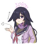  1girl black_hair black_sailor_collar blowing_kiss blue_archive blush breasts brown_hair cardigan cleavage english_text hair_over_one_eye halo highres long_hair medium_breasts multicolored_hair neckerchief open_cardigan open_clothes pink_cardigan puckered_lips purple_eyes red_neckerchief rumiya9i sailor_collar school_uniform see-through_cleavage see-through_clothes serafuku shirt simple_background small_sweatdrop solo sweat tsukuyo_(blue_archive) two-tone_hair upper_body very_long_hair white_background white_shirt 