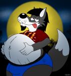  anthro beard belly belly_grab belly_overhang belly_tuft big_belly black_body black_fur black_nose blue_clothing blue_underwear body_hair bouncing_belly bulge canid canine canis clothed clothing detailed_bulge facial_hair from_front_position fur furrylovepup_v2 grey_body grey_fur hand_on_stomach hi_res lifting_belly looking_at_viewer looking_pleasured male mammal moon motion_lines multicolored_body navel navel_outline night outside partially_clothed pinup pose raised_tail sexy_eyes shirt smile solo stomach_hair teasing thick_thighs tongue tongue_out toony topwear tuft two_tone_body underwear white_body white_fur wide_hips wolf 