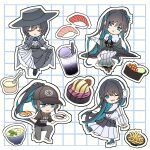  1girl ado_(utaite) baseball_cap black_dress black_hair black_hat black_shirt blue_eyes blue_hair braid chando_(ado) closed_eyes colored_inner_hair commentary_request dress drinking_straw fish_(food) food french_fries grey_pants grey_skirt gunkanmaki hat headphones highres ice_cream jacket kura_sushi long_hair long_sleeves looking_at_viewer multicolored_hair multiple_views nigirizushi off_shoulder one_eye_closed open_mouth pants pike_(azas_ef) shirt short_sleeves skirt skirt_hold streaked_hair sushi utaite white_jacket white_skirt 