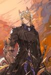  1boy animal_ear_fluff animal_ears arknights belt black_coat blonde_hair cloud cloudy_sky coat dusk elbow_gauntlets extra_ears gauntlets horse_boy horse_ears horse_tail looking_to_the_side male_focus mlynar_(arknights) necktie ryuuzaki_ichi short_hair single_gauntlet sky solo sword tail trench_coat weapon white_necktie yellow_eyes 