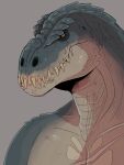 3:4 absurd_res anthro blue_body blue_scales bust_portrait dinosaur front_view grey_background grey_body hi_res imperatorcaesar male mouth_closed portrait reptile scales scalie sharp_teeth simple_background solo tan_teeth teeth unsigned 