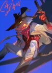  1boy blood blood_on_face boots colored_skin cowboy cowboy_boots cowboy_hat cowboy_western demon_boy demon_horns demon_tail evil_grin evil_smile fire grin gun hat helluva_boss highres holding holding_gun holding_weapon horns male_focus nosebleed red_skin sharp_teeth smile solo striker_(helluva_boss) tail teeth weapon wraith615 