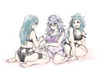  3girls ahoge applying_manicure aqua_hair aqua_nails ass asymmetrical_bangs azul_ashengrotto babydoll barefoot bed_sheet behind_another black_bra black_choker black_panties blue_eyes bra breasts butt_crack choker cleavage collarbone curtained_hair facing_another floyd_leech frilled_babydoll frilled_choker frilled_panties frills from_behind full_body garter_belt genderswap genderswap_(mtf) glasses green_eyes grin groin hair_over_shoulder hand_up hands_on_ground heterochromia highres jade_leech kneeling large_breasts leaning_forward legs_together light_blush light_smile lingerie long_hair looking_at_hands medium_breasts mole mole_under_mouth multicolored_hair multiple_girls nail_polish navel painting_fingernails panties pepu-shi plump purple_bra purple_hair purple_nails purple_panties raised_eyebrows rectangular_eyewear see-through_babydoll see-through_clothes sharp_teeth side-tie_panties sitting smile spread_legs straight_hair streaked_hair tareme teeth twisted_wonderland underwear wariza wavy_hair white_background yellow_eyes 