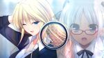 2girls :o ;d arm_behind_head black_bow black_bowtie black_jacket black_ribbon blonde_hair blue_eyes bow bowtie breasts chiara_farrell collarbone collared_shirt fumio_(ura_fmo) game_cg glasses grisaia_(series) grisaia_no_rakuen hair_between_eyes hair_ribbon harudera_yuria jacket long_hair long_sleeves melaphone_panel mole mole_under_eye multiple_girls non-web_source official_art one_eye_closed open_mouth red-framed_eyewear ribbon shirt smile suit_jacket variant_set white_hair white_shirt 