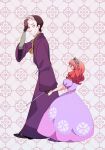  1boy 1girl antenna_hair black_hair black_shoes blue_eyes bow bowtie brown_bow brown_bowtie brown_gloves cedric_(disney) closed_mouth collared_shirt commentary_request dress eye_contact frilled_sleeves frills full_body gloves green_shirt grey_background grey_hair hair_behind_ear hand_on_own_forehead holding holding_hands holding_wand layered_sleeves long_dress long_sleeves looking_at_another multicolored_hair patterned_background profile puffy_short_sleeves puffy_sleeves purple_dress purple_robe purple_shoes red_hair robe shirt shoes short_hair short_sleeves simple_background smile sofia_(disney) sofia_the_first streaked_hair sweat tiara two-tone_hair uo_sakana5656 v-shaped_eyebrows very_short_hair walking wand wide_sleeves 