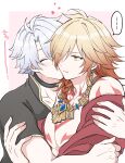  ... 2boys antenna_hair arm_tattoo bare_pectorals black_choker black_shirt blonde_hair border braid chest_tattoo choker closed_eyes commentary_request earrings facial_tattoo gold_earrings gold_necklace gradient_hair hair_between_eyes highres honkai:_star_rail honkai_(series) hug jacket jewelry large_pectorals male_focus medium_hair multicolored_hair multiple_boys mydei_(honkai:_star_rail) necklace off_shoulder open_clothes open_jacket outside_border pectorals phainon_(honkai:_star_rail) pink_background red_hair red_jacket red_tattoo same_wallhit shirt short_hair side_braid spoken_ellipsis tattoo white_border white_hair yaoi yellow_eyes 