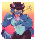anthro black_bottomwear black_clothing black_nipples black_pants blue_body blue_fur bodily_fluids bottomwear card_in_mouth clothing demon derpy_(kpopdemonhunters) felid fur hat headgear headwear hi_res kadedrawz looking_at_viewer male male/male mammal nipples pantherine pants saliva saliva_on_tongue shirtless_male solo tiger tongue tongue_out