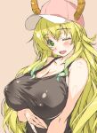  1girl ;d arm_under_breasts bare_arms bare_shoulders baseball_cap black_tank_top blonde_hair blush breasts cleavage collarbone commentary_request covered_nipples dragon_girl dragon_horns green_eyes hat highres horns huge_breasts kobayashi-san_chi_no_maidragon long_hair looking_at_viewer lucoa_(maidragon) no_bra one_eye_closed open_mouth orange_background pink_hat shintarou shiny_skin simple_background smile solo tank_top teeth upper_teeth_only very_long_hair 