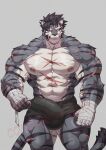 2025 abdominal_scar absurd_res anthro areola arm_scar biceps big_bulge black_hair bottomwear briefs briefs_only bulge chest_scar clothed clothing deltoids eye_scar facial_scar felid forearm_muscles fur grey_background grey_body grey_bottomwear grey_clothing grey_fur grey_shorts grin hair hand_wraps hi_res husky_(artist) leg_scar male mammal navel nipples obliques pantherine pink_areola scar scars_all_over sdorica serratus shorts shoulder_scar simple_background smile snout snout_scar solo soonsky_ksk soonsky_kumu standing tail thigh_scar tiger topless underwear underwear_only vein veiny_muscles watermark white_body white_fur wraps wrist_wraps yao_(sdorica) yellow_eyes