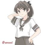  1girl arm_behind_head brown_eyes brown_hair brown_neckerchief brown_sailor_collar brown_skirt cowboy_shot emuwai hair_ribbon hand_on_own_hip kantai_collection looking_at_viewer neckerchief one-hour_drawing_challenge pleated_skirt ponytail ribbon sailor_collar sailor_shirt school_uniform serafuku shikinami_(kancolle) shirt short_hair short_sleeves simple_background skirt solo standing twitter_username white_background white_shirt 