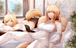  2girls ;d absurdres animal_ears arknights ass aunt_and_niece bangs blemishine_(arknights) blonde_hair blue_eyes blue_sky breasts commentary highres horse_ears indoors large_breasts long_sleeves lying multiple_girls on_back on_stomach one_eye_closed pants pillow ponytail samip shirt sky smile swept_bangs tail whislash_(arknights) white_pants white_shirt window yellow_eyes 