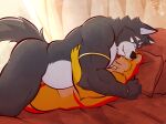 2025 adastra adastra_(series) amicus_(adastra) anthro armband arrow_(marking) artist_name athletic athletic_male bed bedding belly biceps blue_eyes butt canid canine canis cheek_tuft countershading cuddling curtains deltoids duo echo_project eyes_closed facial_tuft fluffy fluffy_tail forearm_muscles fur furniture grey_body grey_fur hi_res hug inner_ear_fluff looking_at_another looking_at_partner lying_on_another male male/male mammal musclegut muscular muscular_arms muscular_male neck_tuft nude_male on_bed orange_body orange_fur pecs pillow quads red_body red_fur signature snaggle_tooth tail tan_body tan_fur text triceps tuft ventkazemaru whiskers white_body white_fur white_inner_ear_fluff wolf wristband yellow_body yellow_fur