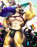 2025 4:5 abs ambiguous_species anthro areola armpit_hair barazoku biceps big_bulge big_muscles bisexual_pride_colors blurred_background body_hair building bulge canid canine canis city claws clothed clothing confetti day domestic_dog dream_and_nightmare eyebrows flag flag_(object) fur german_shepherd group hand_on_hip harness herding_dog hi_res holding_flag holding_object huge_bulge huge_muscles jockstrap kanic lgbt_pride lgbt_pride_month looking_at_viewer male mammal manly muscular muscular_anthro muscular_male narrowed_eyes navel nipples obliques outside parade pastoral_dog pecs pride_color_flag pride_colors quads rainbow_pride_colors serratus silhouette smile solo_focus standing teeth thick_arms thick_thighs topless topless_anthro topless_male tuft underwear vincian_pride_colors