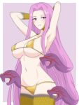  1girl absurdres armpits bikini border breasts cleavage collarbone cowboy_shot dani_(angrymatthew) eyebrows_hidden_by_hair eyes_visible_through_hair facial_mark fate/grand_order fate_(series) gold_bikini golden_week gorgon_(fate) highres large_breasts long_bangs long_hair looking_at_viewer medusa_(fate) medusa_(rider)_(fate) navel outside_border parted_bangs purple_background purple_eyes purple_hair scales sideboob smile snake_hair solo swimsuit teeth thighs underboob very_long_hair white_border yellow_scales 
