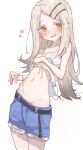  1girl blue_shorts blush commentary denim denim_shorts gakuen_idolmaster hair_ornament hairclip heart highres idolmaster long_hair nalphanne navel open_clothes shinosawa_hiro shorts simple_background solo thick_eyelashes white_background white_hair yellow_eyes 