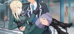  1boy 1girl black_boots black_gloves black_jacket blazer blonde_hair blue_necktie boots breasts coat date_a_live date_a_live:_spirit_pledge ellen_mira_mathers game_cg gloves high_heel_boots high_heels jacket long_hair long_sleeves medium_breasts necktie official_art open_mouth outdoors raizen_high_school_uniform school_uniform shirt snowing third-party_source v-shaped_eyebrows white_shirt winter_clothes winter_coat 