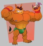 activision anthro armpit_hair beverage biceps big_muscles blainwolf body_hair bulge chest_hair claws clenched_teeth clothed clothing cocky_smile coconut coconut_drink crash_bandicoot_(series) dasyuromorph deltoids drupe_(fruit) eyebrows eyewear facial_hair fangs flexing flexing_bicep food fruit grin hi_res looking_at_viewer male mammal manly marsupial muscular muscular_anthro muscular_male nipples pawpads pecs plant recently_extinct_species sharp_teeth shirtless simple_background smile solo speedo speedo_only standing stubble sunglasses swimwear tail tail_tuft teeth thick_eyebrows thylacine tiny_tiger topless triceps tuft wristband