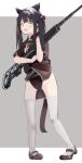  1girl :d akinoji_(akiponpon27) animal_ears black_dress black_hair black_panties blue_archive brown_shoes bullpup china_dress chinese_clothes commentary_request dress full_body green_eyes gun highres holding holding_gun holding_weapon long_hair outside_border panties pillarboxed rifle shoes shun_(blue_archive) shun_(small)_(blue_archive) smile solo standing thighhighs tongue twintails underwear weapon white_thighhighs 