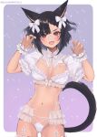  1girl animal_ears ass_visible_through_thighs bandaid bandaid_on_face bandaid_on_nose bangs black_hair breasts claw_pose commission final_fantasy final_fantasy_xiv hands_up highres lingerie looking_at_viewer medium_breasts medium_hair open_mouth red_eyes skeb_commission solo suzuho_hotaru tail twitter_username underwear 