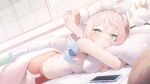  1girl absurdres bare_shoulders blue_eyes blue_hair blush breasts cellphone closed_mouth commentary dolphin_shorts drill_hair fingernails gradient_hair hair_between_eyes highres honkai:_star_rail honkai_(series) hugging_object hyacine_(honkai:_star_rail) indoors little_ica_(honkai:_star_rail) long_hair looking_at_viewer lying medium_breasts multicolored_hair on_stomach phone pillow pillow_hug pink_hair red_shorts sbgu shorts smile solo twin_drills 