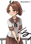  1girl artist_logo artist_name brown_eyes brown_hair brown_neckerchief brown_sailor_collar brown_skirt commentary_request cowboy_shot hair_ribbon highres kantai_collection kurano_kisuke logo neckerchief one-hour_drawing_challenge pleated_skirt ponytail railing ribbon sailor_collar sailor_shirt school_uniform serafuku shikinami_(kancolle) shirt short_ponytail simple_background skirt solo twitter_username v_arms white_background white_shirt 