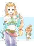  1boy 1girl :d alternate_costume alternate_hairstyle aqua_gloves arm_at_side armlet azulzrkgk bare_shoulders blonde_hair blue_background blush breasts circlet commentary_request covering_own_eyes cowboy_shot crop_top detached_sleeves ear_blush earrings fingerless_gloves gerudo_set_(zelda) gloves green_eyes hand_up highres jewelry link long_hair looking_at_viewer low-tied_long_hair medium_breasts midriff navel open_mouth pants pointy_ears ponytail princess_zelda short_hair short_ponytail sidelocks simple_background smile teeth the_legend_of_zelda the_legend_of_zelda:_breath_of_the_wild thick_eyebrows two-tone_background upper_teeth_only watermark white_background 