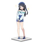  1girl :d bare_shoulders beret black_hair blue_eyes blue_flower blue_hat blue_ribbon blue_rose blue_shoes blue_skirt blush collarbone commentary_request covered_collarbone flower full_body hat hatsunatsu krt_girls long_hair long_sleeves looking_at_viewer neck_ribbon no_socks off-shoulder_shirt off_shoulder one_side_up own_hands_together puffy_long_sleeves puffy_sleeves ribbon rose shirt shoes simple_background skirt sleeves_past_wrists smile solo sparkle standing white_background white_shirt xiao_qiong 