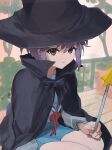 1girl absurdres black_cape black_hat blue_skirt brown_eyes cape expressionless hat highres holding holding_wand kita_high_school_uniform looking_at_viewer nagato_yuki outdoors purple_hair school_uniform short_hair sitting skirt solo star_wand suzumiya_haruhi_no_yuuutsu wand witch witch_hat yu_ni_taro 