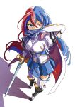  1girl alear_(fire_emblem)_(female) automatic_giraffe blue_eyes blue_hair breasts fire_emblem fire_emblem_engage heterochromia highres holding holding_sword holding_weapon jewelry long_hair looking_at_viewer multicolored_hair red_eyes red_hair solo sword thigh_strap two-tone_hair very_long_hair weapon 