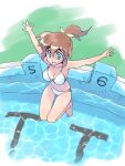  1girl bikini breasts brown_hair cleavage full_body green_eyes highres jumping long_hair masuki open_mouth original outstretched_arms ponytail pool solo spread_arms starting_block swimsuit water white_bikini 