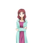  1girl aqua_jacket arms_across_body blush breasts closed_mouth collarbone cowboy_shot dress hand_on_own_arm hand_on_own_elbow jacket jewelry long_hair looking_at_viewer love_live! love_live!_school_idol_festival love_live!_school_idol_project mature_female medium_breasts mole mole_under_mouth necklace nishikino_maki&#039;s_mother open_clothes open_jacket purple_dress purple_eyes red_hair smile solo standing straight-on tachi-e transparent_background tsurime wavy_hair 