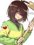  ... 1other antenna_hair black_shirt brown_hair buttons collared_shirt commentary_request deltarune from_below green_sweater hair_over_one_eye heart holding kris_(deltarune) looking_at_viewer mitorizu_02 one_eye_covered other_focus red_eyes shaded_face shirt short_hair sideways_glance simple_background solo soul_(deltarune) spoken_ellipsis striped_clothes striped_sweater sweatdrop sweater two-handed two-tone_sweater upper_body v-neck white_background yellow_sweater 