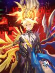  1boy alternate_form asymmetrical_wings black_shirt black_wings blonde_hair commentary_request cracked_skin hair_between_eyes halo halo_behind_head highres holding honkai:_star_rail honkai_(series) male_focus material_growth parted_lips phainon_(honkai:_star_rail) shirt short_hair solo tanemaki_monaka torn_clothes torn_shirt watermark wings yellow_blood yellow_eyes yellow_halo yellow_wings 
