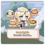  1girl ? black_collar black_dress blonde_hair blue_eyes breasts cartethyia_(wuthering_waves) chibi chibi_only closed_mouth collar commentary crown_of_thorns dress english_commentary english_text food hand_up highres jewelry logo long_hair necklace official_art pointy_ears sidelocks small_breasts solo tabard tacet_mark_(wuthering_waves) white_tabard wuthering_waves 