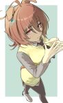  1girl agnes_tachyon_(umamusume) ahoge black_pantyhose brown_hair chemical_structure collared_shirt earrings ears_down grey_shirt hair_between_eyes hem_peeking_out high_heels highres horse_tail huge_ahoge jewelry looking_at_viewer medium_hair o_ko_ge2024 pantyhose red_eyes shirt shoes single_earring sleeveless sleeveless_sweater solo steepled_fingers sweater tail umamusume white_shoes 