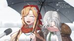  2girls ^_^ absurdres artist_name bead_necklace beads blonde_hair braid brown_coat brown_jacket buernia closed_eyes coat couple covered_face covering_face dated embarrassed facepalm fang flower fur-trimmed_coat fur_trim green_necktie grey_umbrella hair_flower hair_ornament hand_on_own_face hand_up head_down headscarf highres holding holding_umbrella interview jacket jewelry long_hair meme microphone mole mole_under_eye multiple_girls necklace necktie open_mouth outdoors red_headscarf red_scarf reverse:1999 scales scarf shared_umbrella shirt side-by-side signature skin_fang sky smile snow snowing special_feeling_(meme) twin_braids twitter_username umbrella upper_body vila_(reverse:1999) wavy_hair white_flower white_hair white_shirt white_sky windsong_(reverse:1999) yuri 