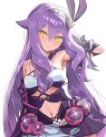  1girl absurdres armpits bare_shoulders breasts clothing_cutout commentary_request dress highres honkai_(series) honkai_impact_3rd long_hair looking_at_viewer masita_(kcsf3528) navel navel_cutout purple_dress purple_hair simple_background sirin sirin_(miracle_magical_girl) small_breasts solo very_long_hair white_background yellow_eyes 