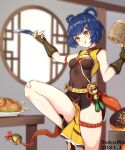  1girl :q absurdres arm_strap bamboo_steamer bandaid bandaid_on_knee bandaid_on_leg bangs bare_shoulders bell black_gloves black_shorts blue_hair braid breasts chicken_(food) commentary_request dated fingerless_gloves fire flame flower_sakura food genshin_impact gloves guoba_(genshin_impact) hair_ornament hair_rings hairclip hands_up head_tilt highres holding holding_knife indoors jingle_bell knife partial_commentary short_hair short_shorts shorts sleeveless small_breasts solo standing standing_on_one_leg thick_eyebrows thigh_strap thighs tongue tongue_out xiangling_(genshin_impact) yellow_eyes 