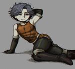  1boy arm_support armor bare_shoulders black_boots black_eyes black_gloves black_hair black_pants boots cahara_(fear_&amp;_hunger) closed_mouth elbow_gloves fear_&amp;_hunger_(series) fear_&amp;_hunger_1 fold-over_boots fold-over_gloves foot_out_of_frame gloves grey_background knee_boots leather_armor male_focus midriff_peek pants short_hair simple_background sleeveless sm2_hokke solo 